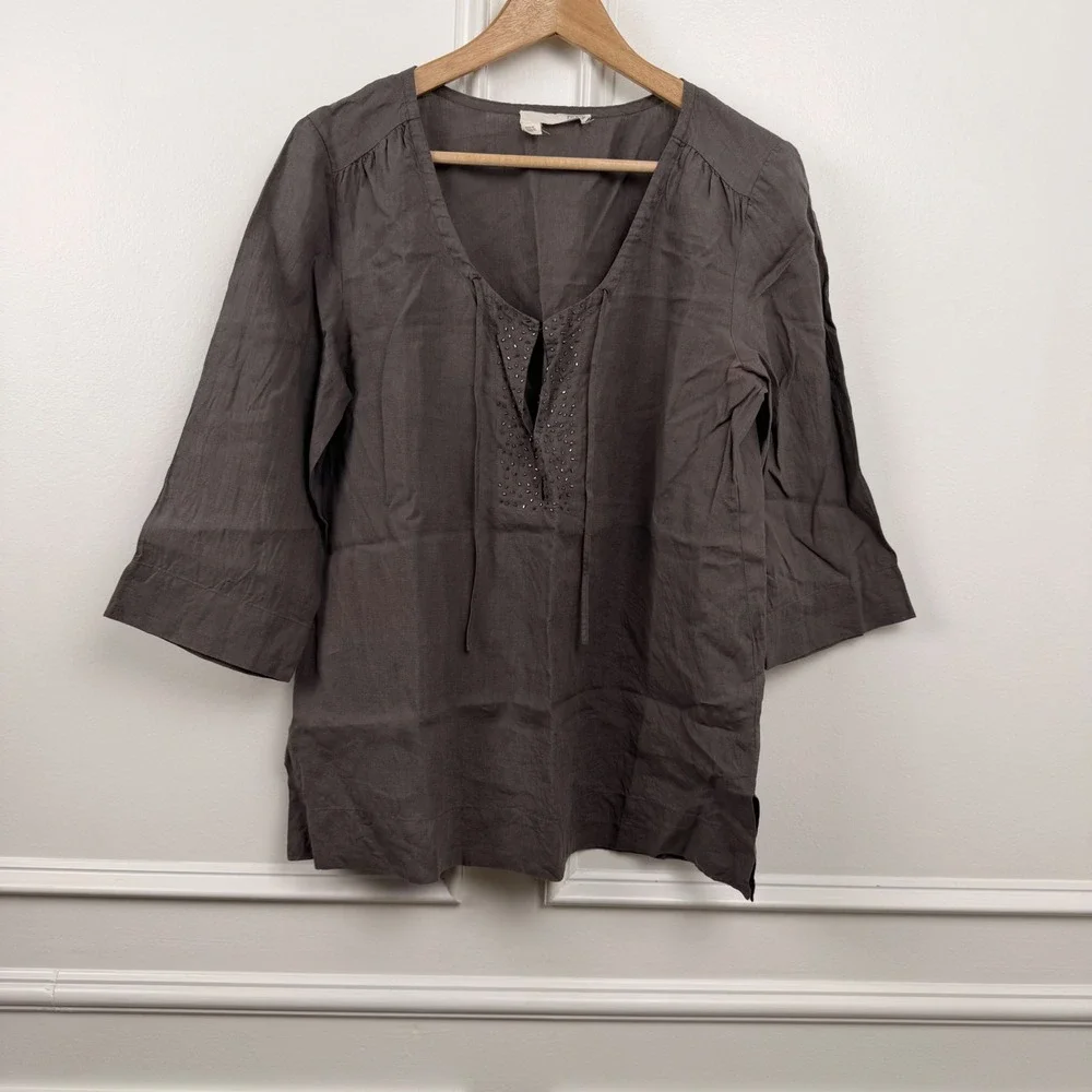 Eileen Fisher Womens‎ Irish Linen Sequin Split Neck Tunic Top Gray S1ALA-2 M